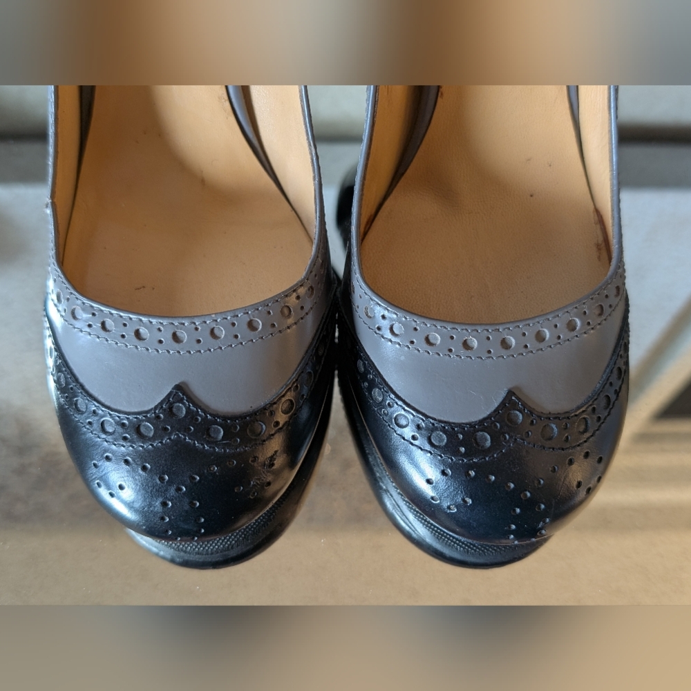 Miu Miu Grey/Black Patent Leather Brogue Platform Pumps - Picture 14 of 16
